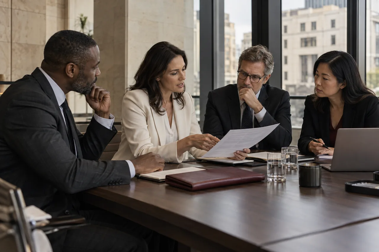 Illustrative scene of professionals discussing a business document